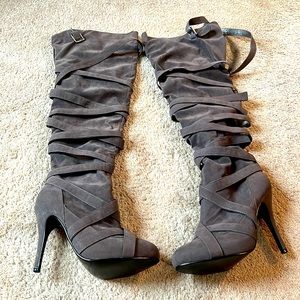 Grey barely worn over the knee boots